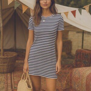Jenni Kayne XS Breton Striped T-Shirt Dress CASHMERE Crewneck Navy Blue White